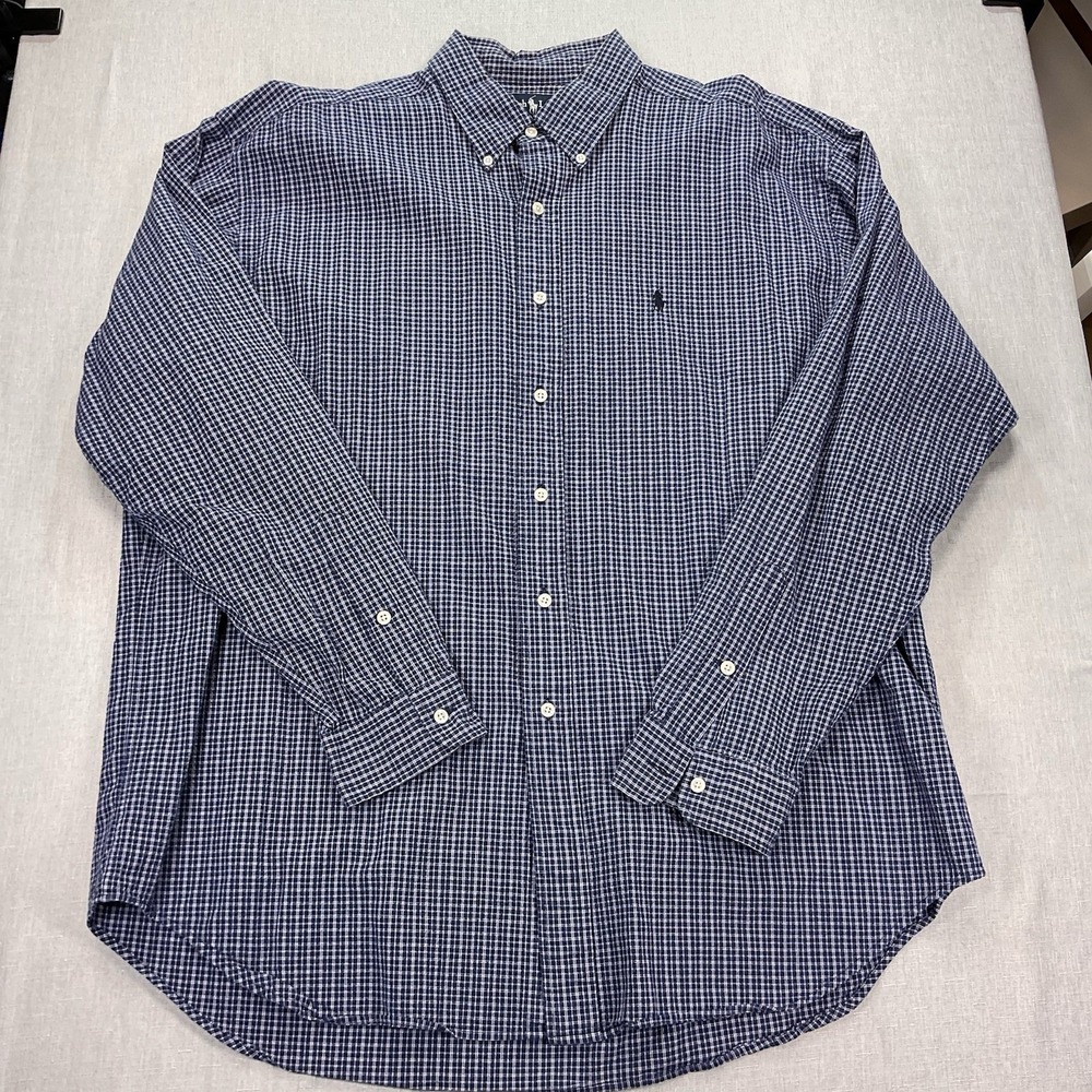 Ralph Lauren Blue and White Plaid Textured Blake 100% Cotton XL Button Up